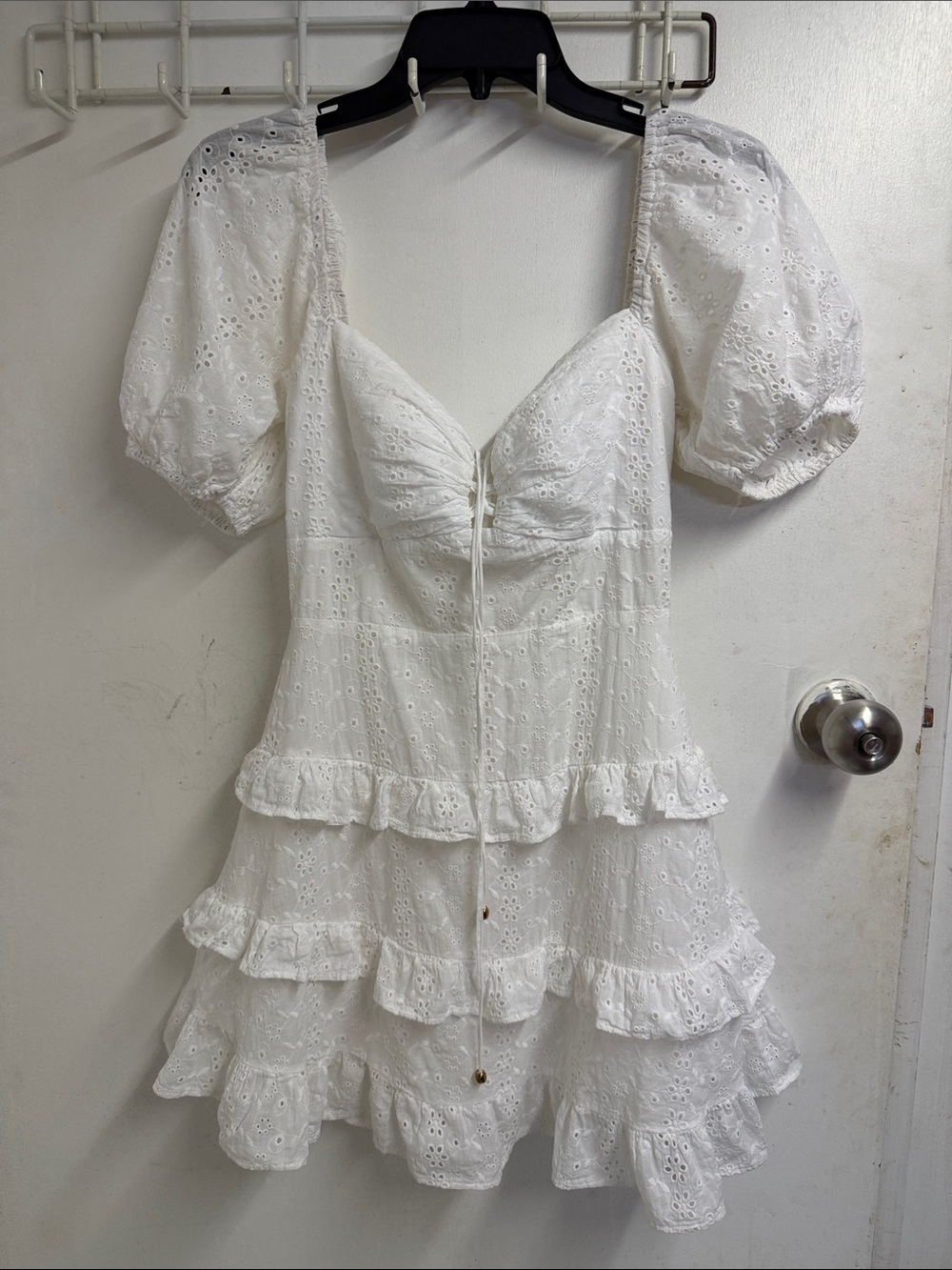 White Eyelet Puff-Sleeve Ruffle Mini Dress